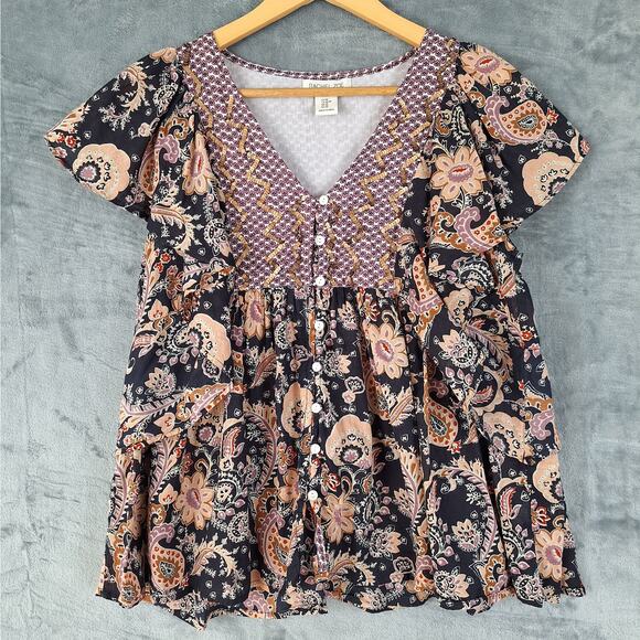 Womens Top Medium Boho Peasant Hippie Sequins‎ Floral Paisley Cottagecore Casual - Picture 1 of 7